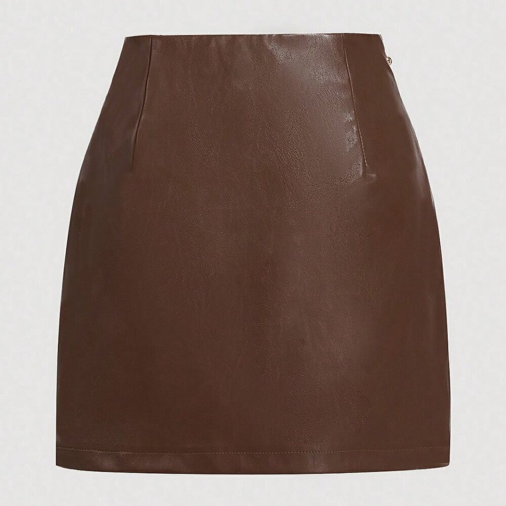 Brown Casual Women's Side Slit Metallic Trim Faux Leather A-Line skirt - Picture 2 of 4